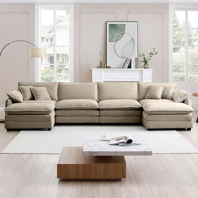 KEIKI 150" U-Shaped Oversized Corduroy Modular Sectional Sofa with 2 Ottoman, High-Density Foam Cushions, Removable Armrests, Upholstered 4-Seater Corner Couch with 6 Pillow, for Living Room, Tan