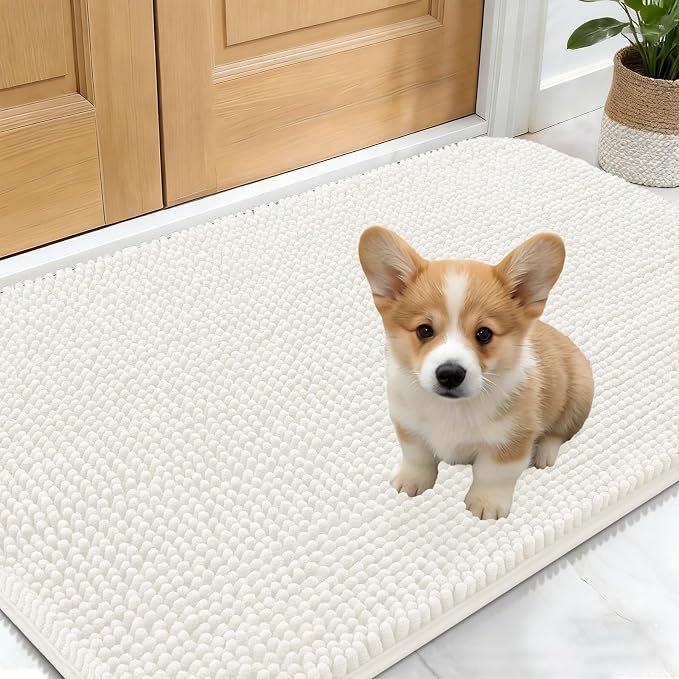 OLANLY Dog Door Mat for Muddy Paws 30x17, Absorbs Moisture and Dirt, Absorbent Non-Slip Washable Doormat, Quick Dry Chenille Mud Mat for Dogs, Entry Indoor Entryway Carpet for Inside Floor, Ivory by OLANLY