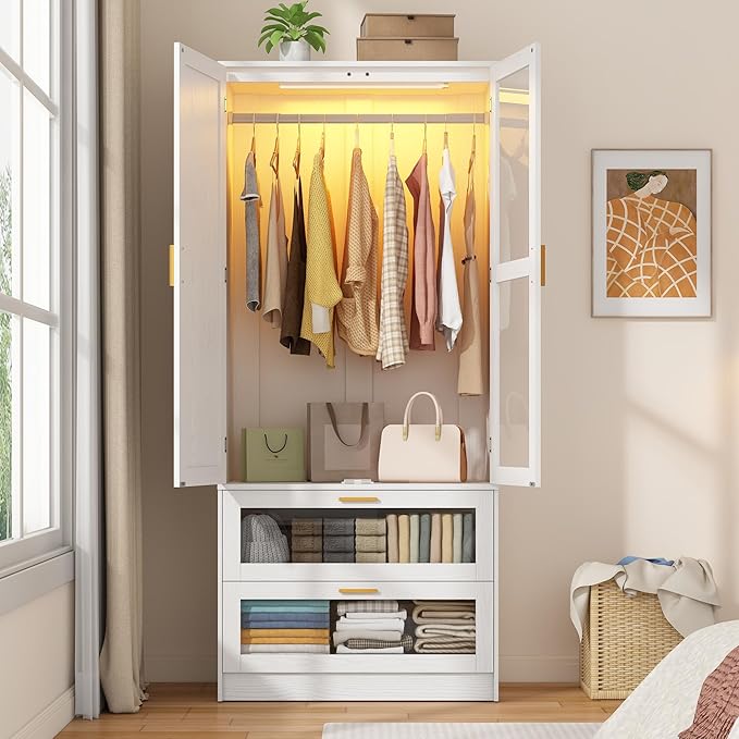 2 Doors Armoire Wardrobe Closet with LED and Mirror,71" H Freestanding Wooden Wardrobe Closet Cabinet for Bedroom w 2 Drawers,Wooden Clothing Storage Cabinet w Hanging Rod,Closets for Bedroom(White)