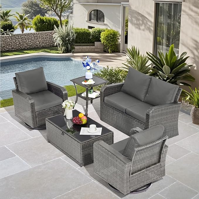 5 Pieces Outdoor Furniture Set with Swivel Chairs, Wicker Patio Furniture Sets for Porch Deck Bistro Lawn Garden Backyard Poolside-Grey