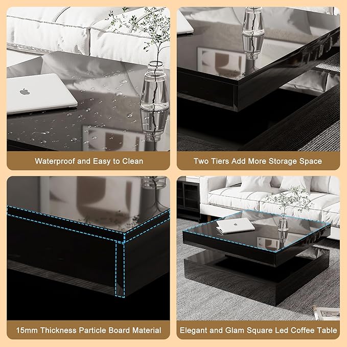 Black LED Coffee Table for Living Room, Living Room Table 2-Tier Square Middle Center Table, Modern Coffee Tables with Storage, Contemporary Wood Tea Tables for Dining Reception