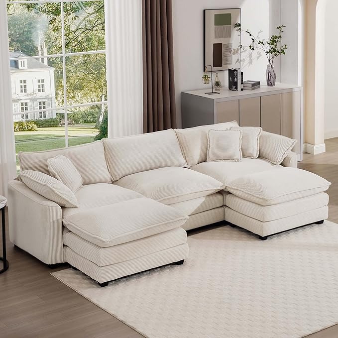 KEIKI 115" U-Shaped Oversized Corduroy Modular Sectional Sofa with 2 Ottoman, High-Density Foam Cushions, Removable Armrests, Upholstered 3-Seater Corner Couch with 5 Pillow, for Living Room, Beige
