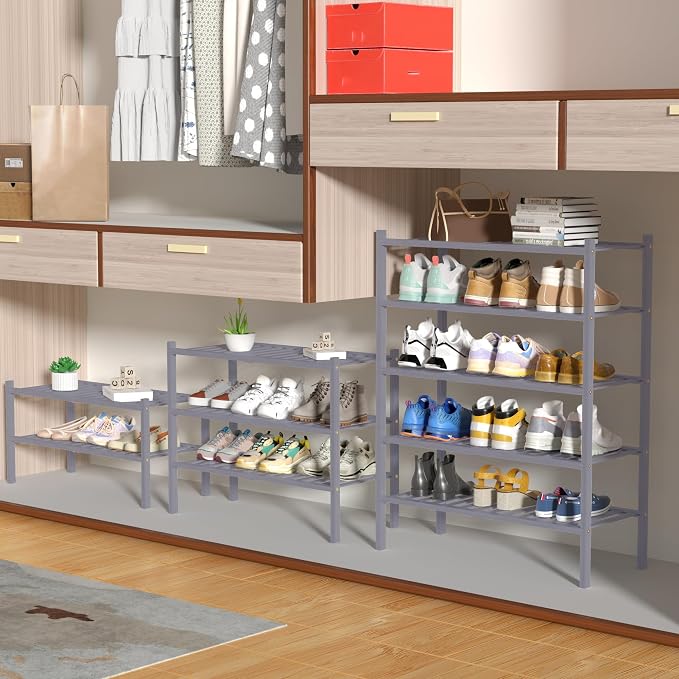 ROMGUAR CRAFT 5 Tier Bamboo Shoe Rack for Closet Free Standing Wood Shoe Shelf for Entryway Small Space Stackable 27"x11"x33" (Grey) - Image 4