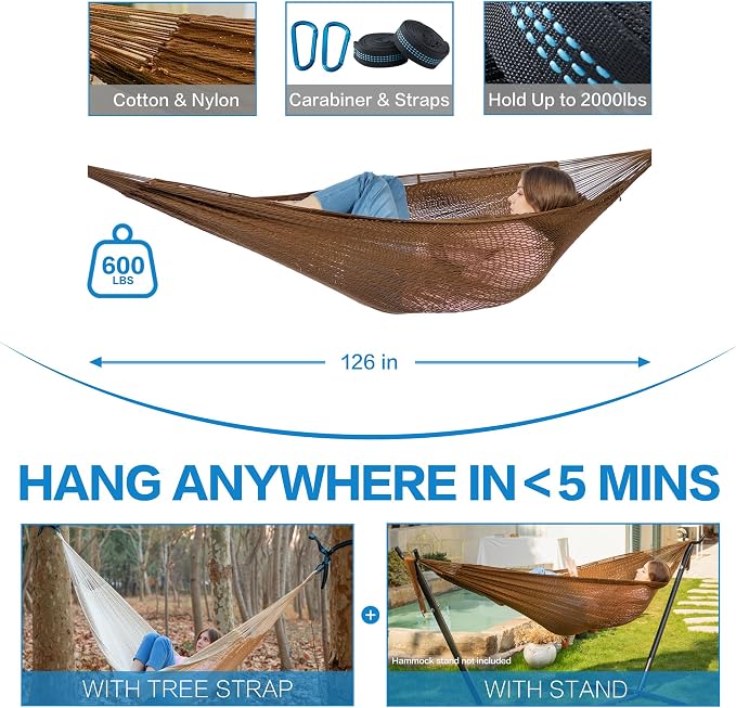 PNAEUT Handwoven Mayan Hammock, Thick Soft Rope Double Hammock for Outdoor Outside & Indoor, 600 lbs Capacity Heavy-Duty, Includes Tree Straps, Carabiners & Carrying Bag (Desert, X-Large) - Image 8