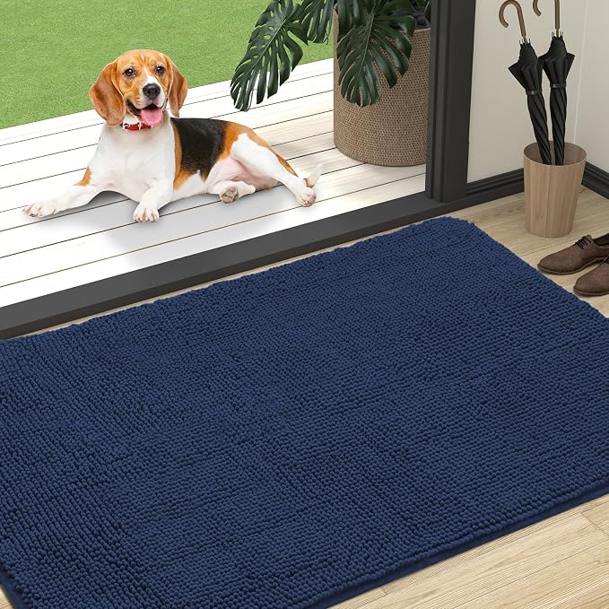 OLANLY Dog Door Mat for Muddy Paws 47x32, Absorbs Moisture and Dirt, Absorbent Non-Slip Washable Doormat, Quick Dry Chenille Mud Mat for Dogs, Entry Indoor Entryway Carpet for Inside Floor, Dark Blue by OLANLY