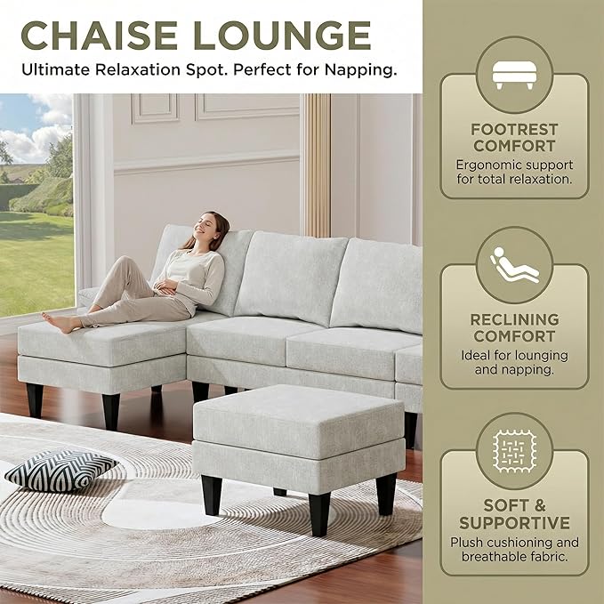4-Seat U-Shaped Modular Sofa with Double Storage Ottoman - Space-Saving Convertible Lounge Couch for Home & Office, White