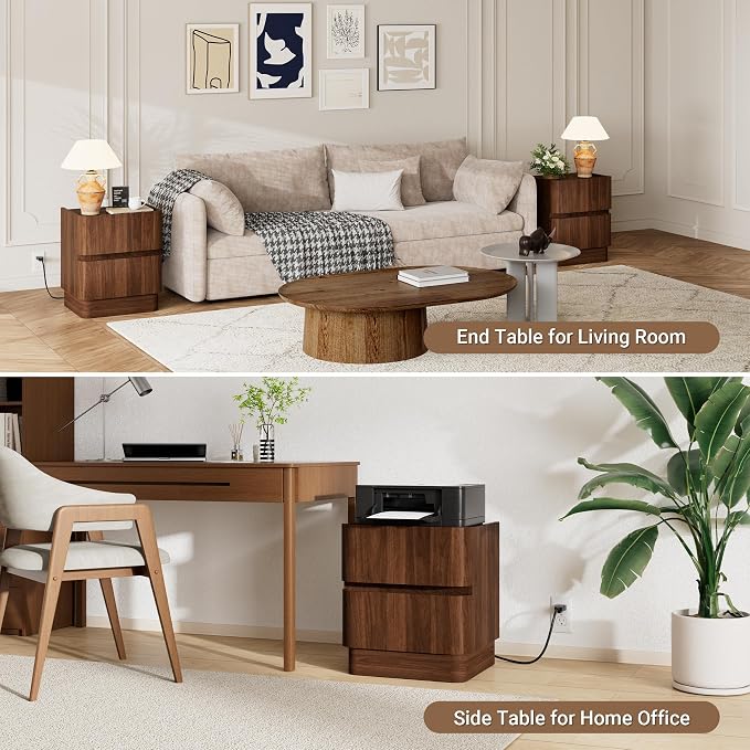 Handleless Night Stand with Charging Station, 2 Drawer Modern Nightstand with Rounded Corners Design, Wooden End Table w/Storage, Bedside Table for Bedroom Sofa Home Office, Walnut - Image 6