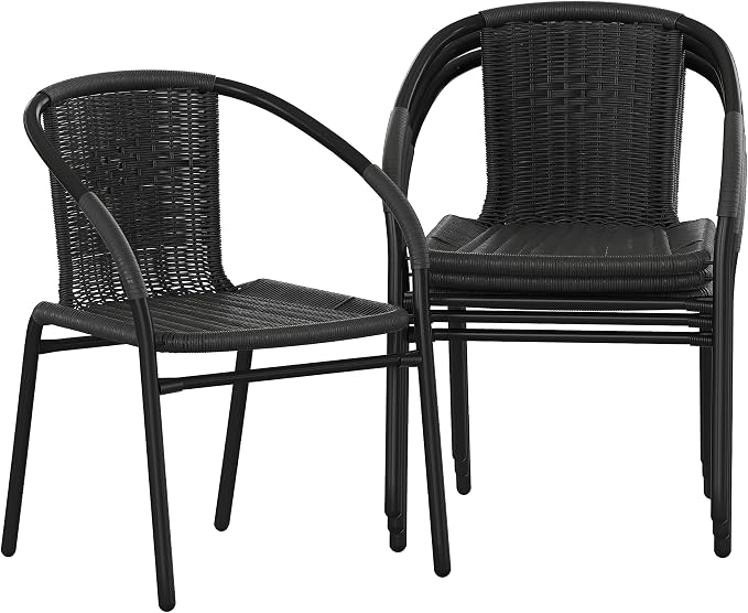 EMMA + OLIVER Set of 4 Modern Rattan Indoor/Outdoor Stack Chairs, Stacking Rattan Patio Chairs with Curved Back and Cross Bracing, Black - Image 3