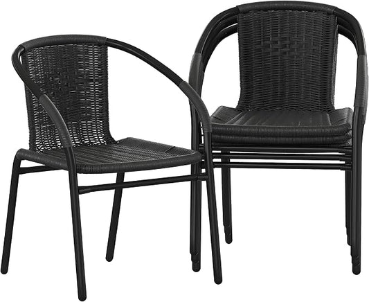Flash Furniture Lila Modern Rattan Indoor/Outdoor Stackable Dining Chairs, Stacking Rattan Bistro Chairs for Patio or Restaurant, Set of 4, Black by FlashFurniture