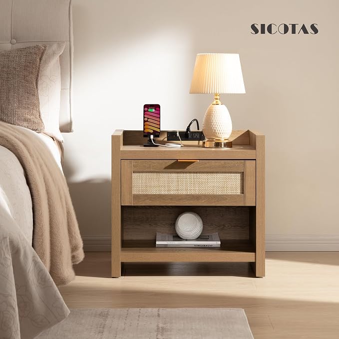 SICOTAS Night Stand Set of 2 Nightstands - Rattan Bed Side Table with Drawer Storage,Type-C Charging Station End Table - Boho Bedside Night Stands for Bedroom - Natural Oak - Image 6