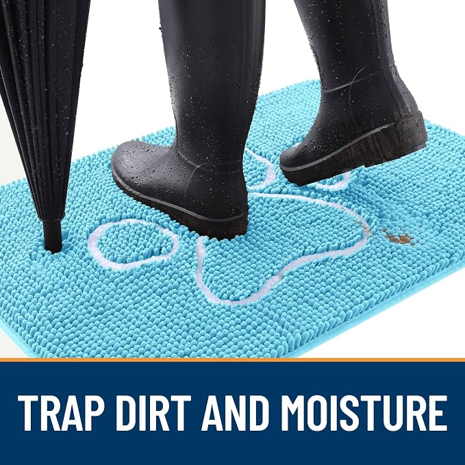 OLANLY Dog Door Mat for Muddy Paws 40x32, Paw Print Design, Absorbs Moisture and Dirt, Absorbent Non-Slip Washable Doormat, Quick Dry Chenille Mud Mat for Dogs, Entry Indoor Entryway Carpet, Blue - Image 2