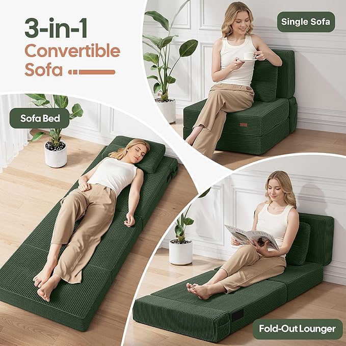 COMAX Folding Sofa Bed, Foldable Couch for Bedroom, Convertible Floor Sleeper Futon Chair Foam, Corduroy 3 in 1 Fold Out Chair Portable Comfy Lounge Couch Sofa Bed for Small Space, Single, Green