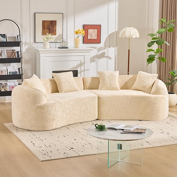109-Inch Curved Boneless Sofa Couches Compressed 4-Seat Foam Couch for Living Room Bedroom, Boneless Modular Cloud Sofa Curved Floor Couch with 4 Pillows, No Assembly
