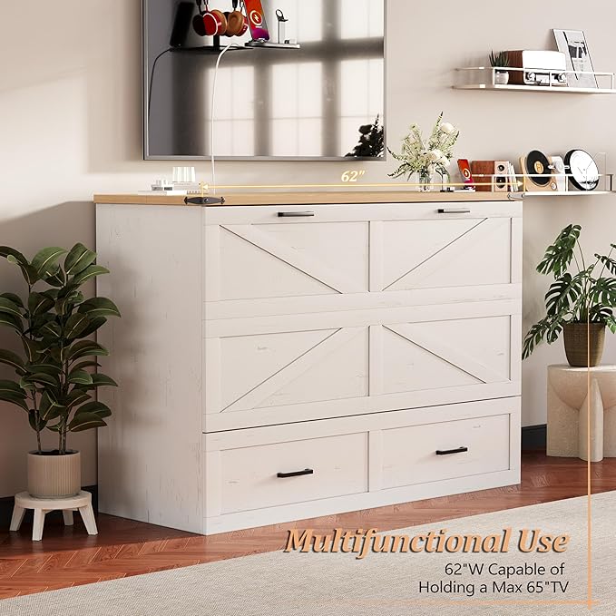 Bellemave Queen Murphy Bed, Cabinet Bed with Charging Station and 1 Large Storage Drawer, Farmhouse Murphy bedframe with Foldable Panel, Noisy Free, for Guest Bedroom, Living Room, White