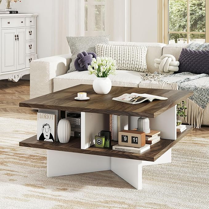 Giantex Square Coffee Table, Mid Century Modern Center Table with 4 Storage Compartments & Cross-Shape Base, 24 Inch Farmhouse Coffee Tables for Living Room (Walnut)