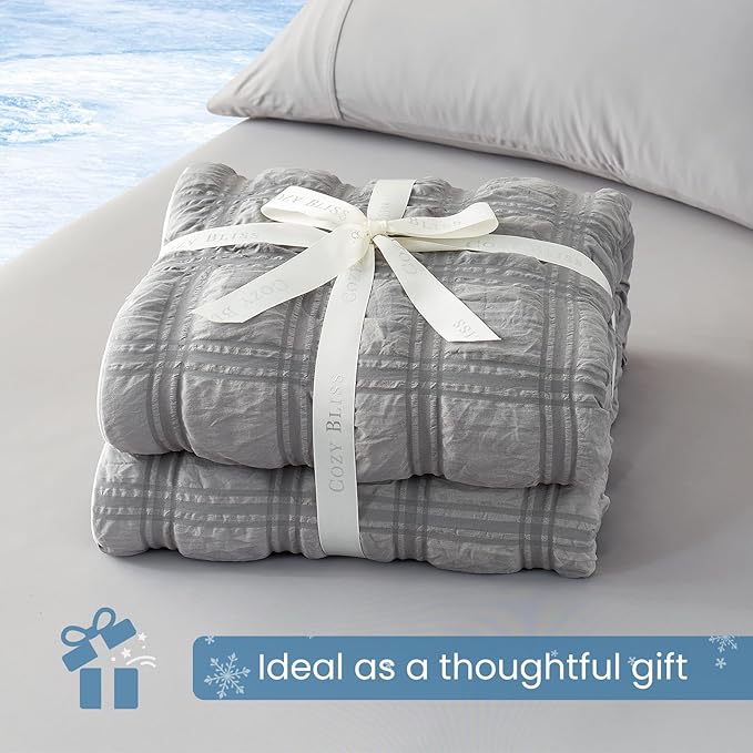 Cozy Bliss Cooling Comforter Seersucker Plaid Queen Size, Q-Max 0.45 Lightweight Cooling Blanket, Breathable Silk Smooth Summer Bedding Quilt for Hot Sleepers Night Sweats Dark Grey