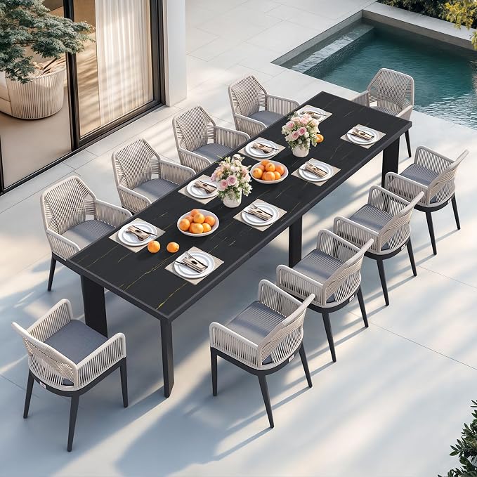 PURPLE LEAF 11 Pieces Patio Dining Set Aluminum Modern Rectangular Table and Rattan Arm Chairs with Cushions for Kitchen Porch Garden Outdoor Furniture Sets, Dark Grey - Image 2