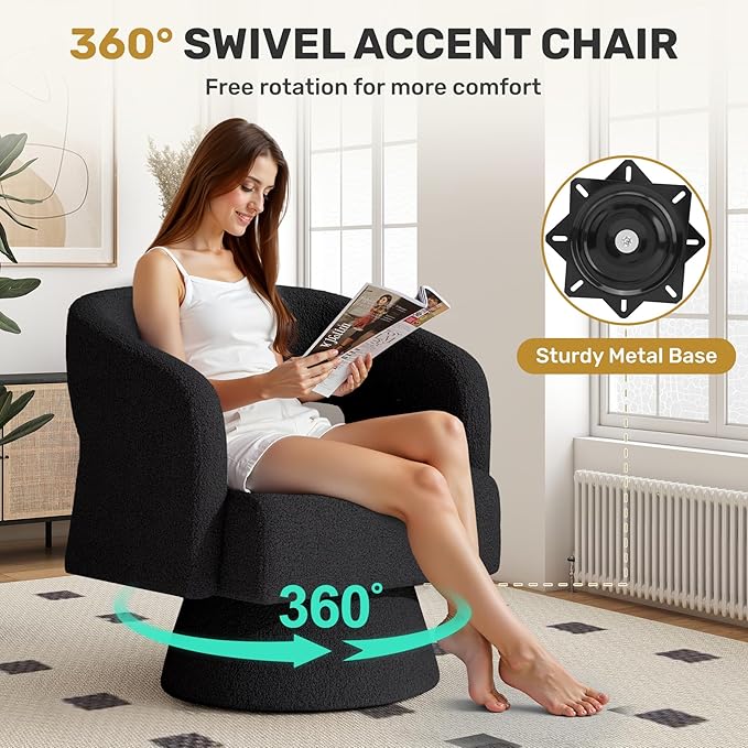 Nebuaegis Swivel Accent Chair Set of 2, Modern Comfy Teddy Barrel Chairs, Oversized Upholstered Round Arm Chair for Living Room, Bedroom, Reading Room, Black