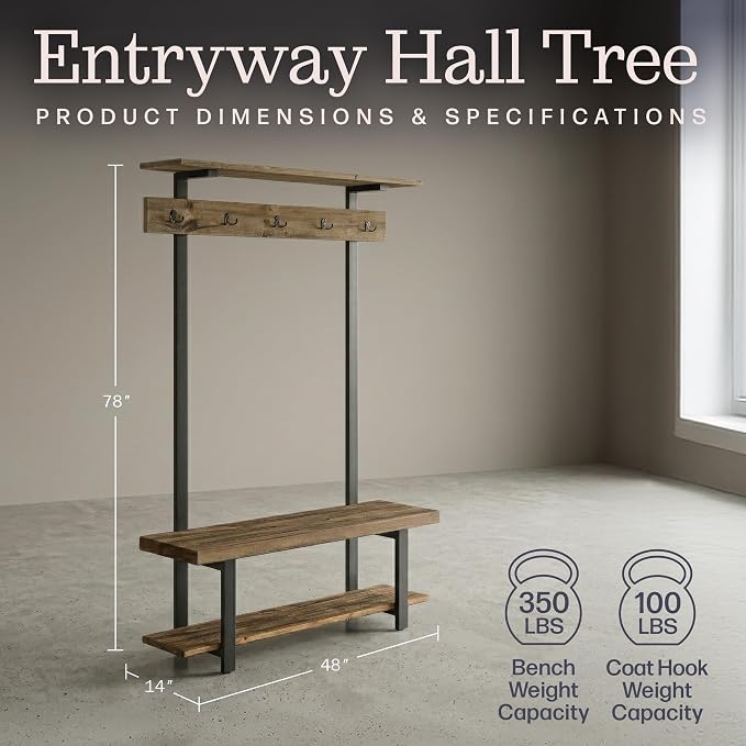 Alaterre Furniture Pomona Entryway Hall Tree – Modern Farmhouse 48-Inch Solid Wood Hall Tree with Bench, Shelves & Metal Coat Hooks – Mudroom & Foyer Storage for Jackets, Bags & Shoes (Rustic Brown) - Image 2
