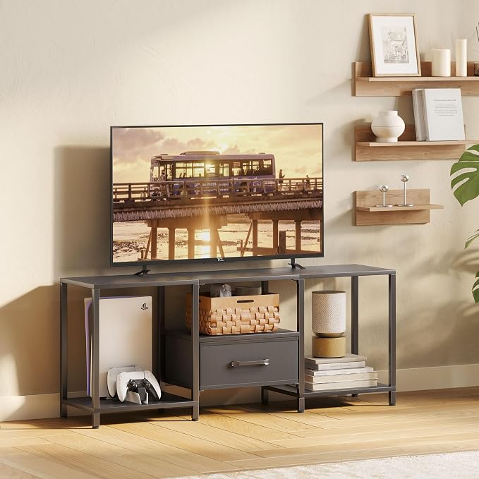 JARHETUN TV Stand with Fabric Drawer for 55 Inch TV, Entertainment Center with Open Shelves, Media TV Console Table for Living Room, Bedroom, Black - Image 7