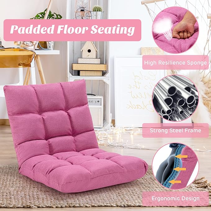 Giantex Adjustable Floor Gaming Sofa Chair 14-Position Cushioned Folding Lazy Recliner High Resilience Sponge, Breathable Cotton & Linen Fabric Sleeper Bed Couch Recliner with Removable Cover (Pink)