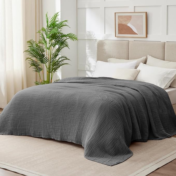 100% Cotton Muslin Blanket King 108" x 90", Breathable and Lightweight Cotton Throw Blankets for Bed, Soft Cooling Summer Gauze Blanket for Adults All Season, Charcoal Grey