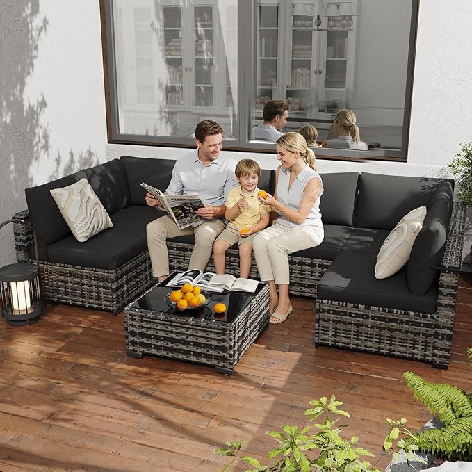 KIGOTY Patio Furniture Set,7 Pieces Modular Outdoor Sectional Sofa, PE Rattan Patio Conversation Set, All Weather Wicker Patio Furniture with Cushions and Coffee Table（Beige Black/Black）