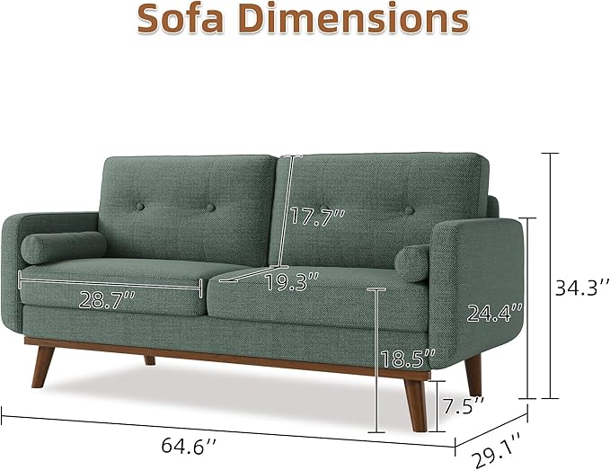 IDEALHOUSE 65" Loveseat Sofa, Mid Century Modern Love Seat Couches for Living Room, Button Tufted Sofa Couch with Wood Legs & Trim for Living Room, Bedroom, Office, Linen, Green