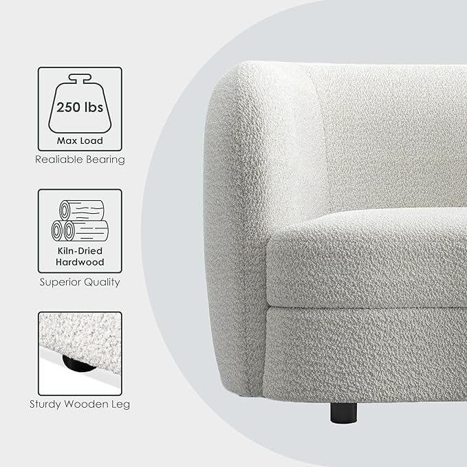 Furniture of America Nimiane Modern Boucle Barrel Chair with Curved Arms and Wooden Legs, Fabric Upholstered Armchair, Comfy Sofa Chair for Living Room, Bedroom, Home Office, Off-White