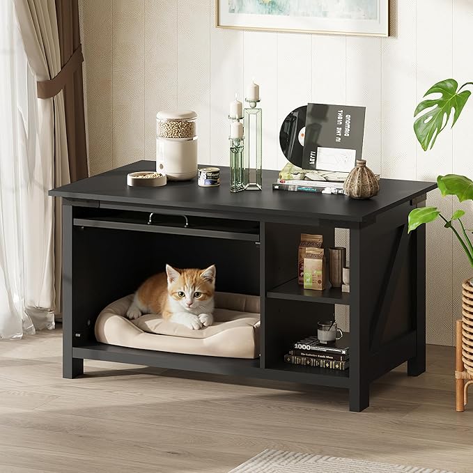 WLIVE Coffee Table with Storage, Modern Coffee Table with Flip-up Door, 2-in-1 Center Table Cat House Furniture for Living Room, Home, Black