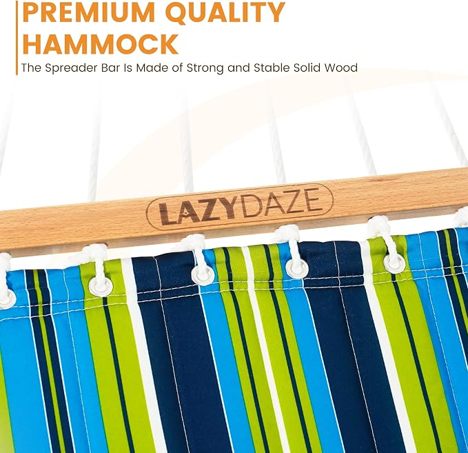 Lazy Daze Hammocks 12 FT Quilted Fabric Double Hammock with Spreader Bars and Detachable Pillow, 450lbs Weight Capacity, Blue Green Stripes - Image 3