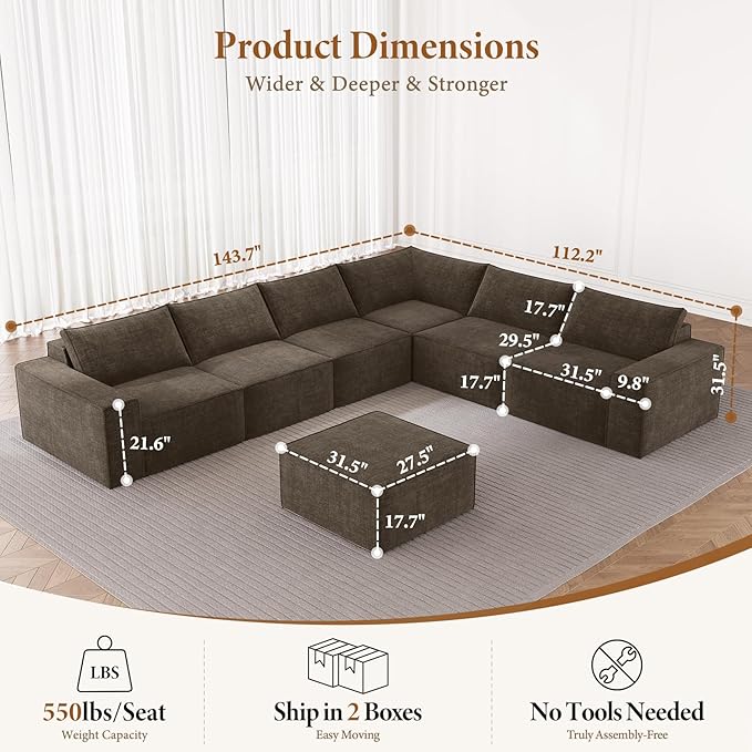Vesgantti 143.7" Boneless Couch for Living Room, 6 Seater Modular Sectional Sofa with Ottoman & Deep Seat, Convertible Chenille Oversized Cloud Couches, No Assembly Required, Dark Brown