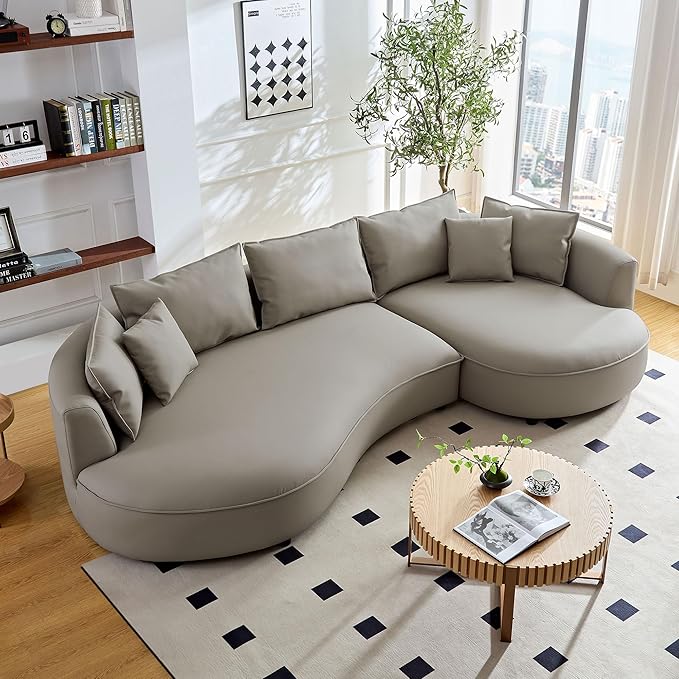 KEIKI 129" Curved Oversized Modular Bonded Leather Sectional Sofa with Right Chaise, 4 Pillows, 3 Back Cushion, Modern Style Comfy 5-Seater Couch, Easy Assembly, for Apartment, Living Room, Light Grey