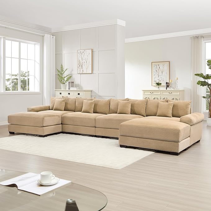 KEIKI 168" U-Shaped Oversized Corduroy Modular Cloud Sectional Sofa with 2 Ottoman, High-Density Foam Cushion, Extra-Thick Armrest, 4-Seater Fluffy Corner Couch with 12 Pillow, for Living Room, Camel