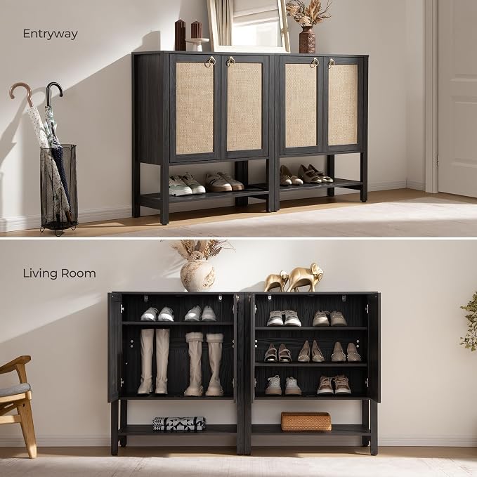 SICOTAS Shoe Cabinet with Storage - 3 Pieces Farmhouse Boho Shoe Organizer with Rattan Doors & Shelves, 5 Tier Free Standing Shoe Rack Storage Cabinet for Entryway, Hallway, Foyer, Closet (Obsidian) - Image 5