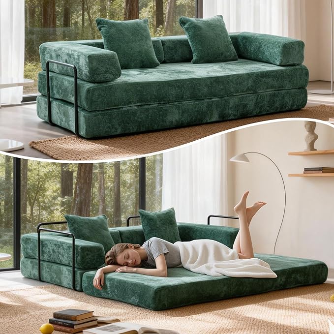 Convertible Floor Sofa Bed, Fold Out Floor Couch with Pillow Back & Armrest, Compressed Couch with Fixed-Shape Frame, Chenille Foldable Sleeper Sofa Bed for Living Room Bedroom, Dark Green