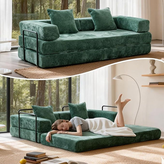 Convertible Floor Sofa Bed, Fold Out Floor Couch with Pillow Back & Armrest, Compressed Couch with Fixed-Shape Frame, Chenille Foldable Sleeper Sofa Bed for Living Room Bedroom, Dark Green