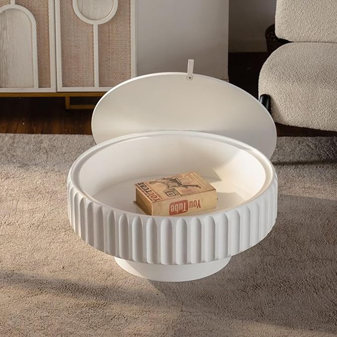 WILLIAMSPACE 31.5" Round Coffee Table with Storage for Living Room, Modern Circle Fluted Center Table with Lift-Off Lid, Drum Pedestal Tea Table for Apartment, Easy Assembly, White