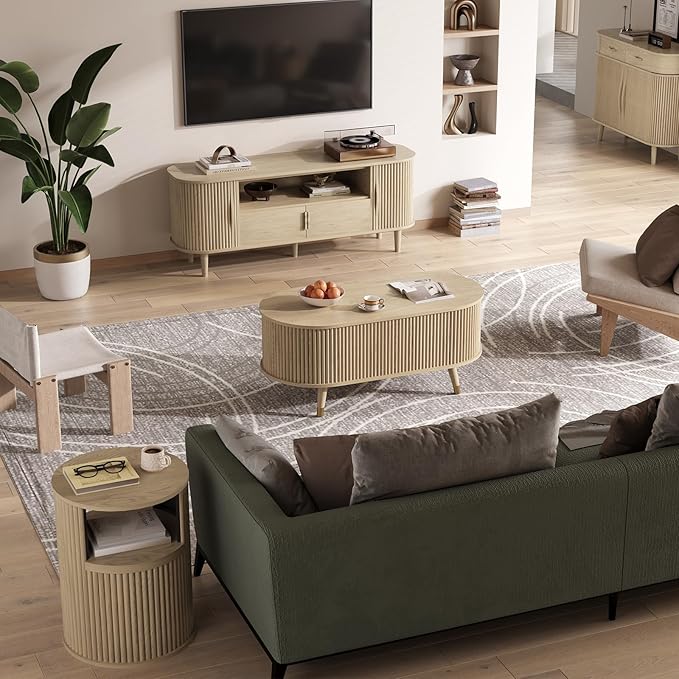 42.5" Oval Lift Top Coffee Table with Storage, Mid Century Modern Oak Center Table with Fluted Design, Solid Wood Legs & Hidden Compartment, Pop Up Cocktail Table for Living Room