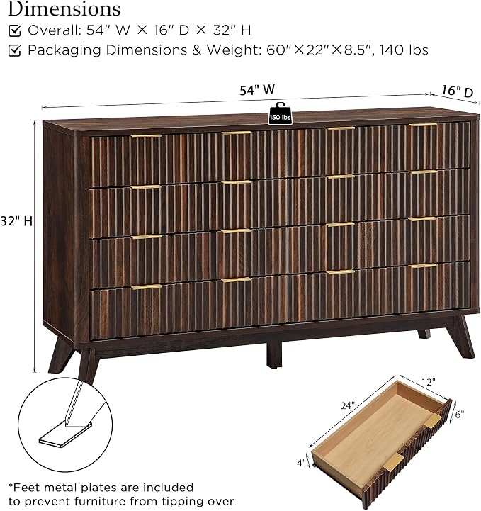 T4TREAM Fluted 8 Drawers Dresser, 54" Wide Modern Chest of Drawers, Curved Profile Design, Dresser TV Stand, Wood Drawer Organizer for Bedroom, Living Room, Hallway, Dark Walnut - Image 2