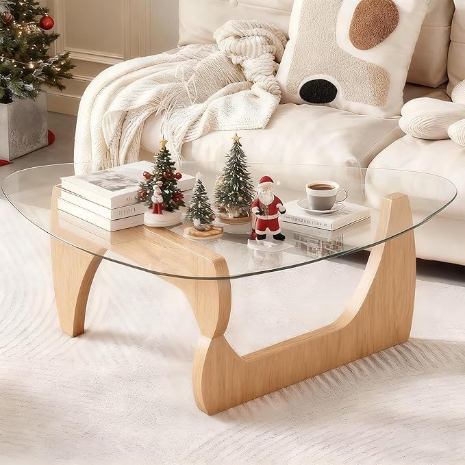 Modern Glass Coffee Table for Living Room, Small Coffee Table with Wood Legs, Mid Century Coffee Tables, Vintage Unique Center Table for Small Spaces Reception Office(Wood Transparent, 31.5in)