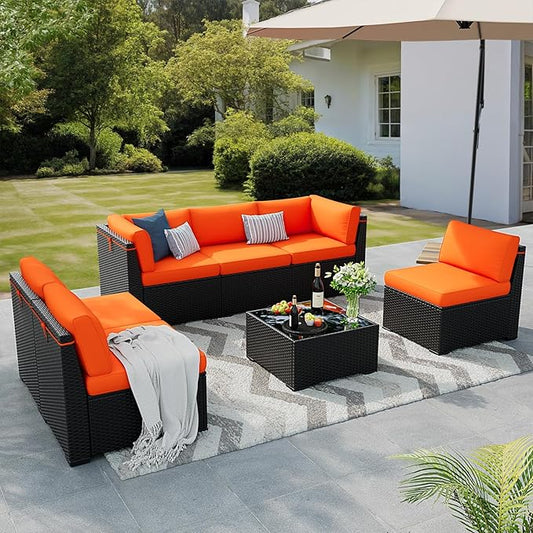 Patio Furniture Set, 7 Pieces Outdoor Sectional Sofa Set with Waterproof Cover, Black PE Wicker Rattan Slanted Back Outdoor Conversation Set with Cushions and Glass Coffee Table, Orange