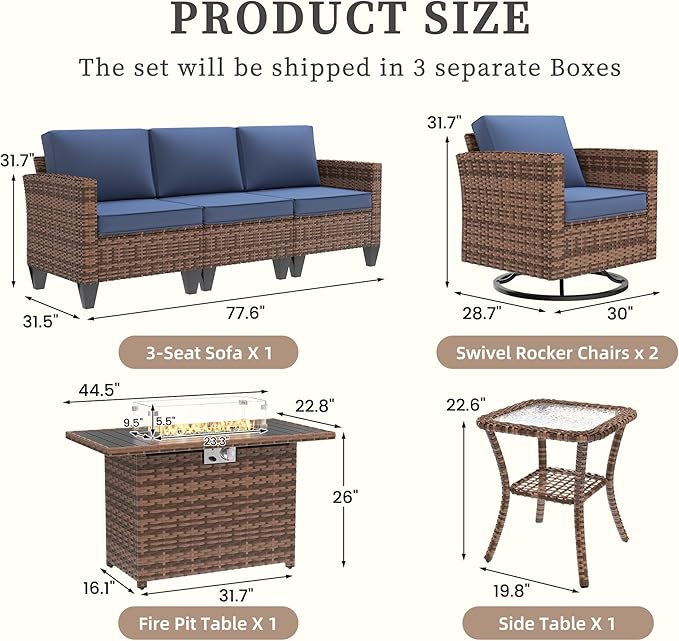 UDPATIO Patio Furniture Set with Fire Pit Table, Rocking Swivel Chairs, 5 Pieces Outdoor Furniture Sets, All-Weather Wicker Outdoor Sectional Sofa with Waterproof Cover, 4'' Thickened Cushion, Navy
