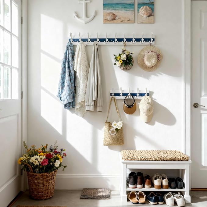 SKOLOO Coastal Wall Mounted Coat Rack - 16-7/8" Beach House Entryway Wooden Coat Hook with 5 Hooks for Hanging Coats, Hats or Towels, Oceanfront Cottage Core Collection, White & Blue - Image 5