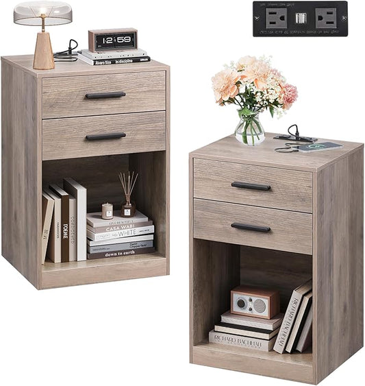 WLIVE Night Stand Set of 2 with Charging Station, Nightstands with Wood Drawers and Open Shelf, Bed Side Tables Living Room, Bedroom, Modern End Table Set 2, Greige by WLIVE