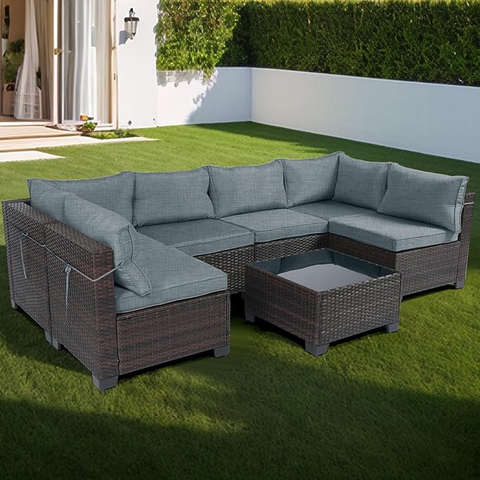 CHABATREE 7 Pieces Outdoor Patio Furniture Sets,Rattan Conversation Sectional Set,Manual Weaving Wicker Patio Sofa with Tea Table