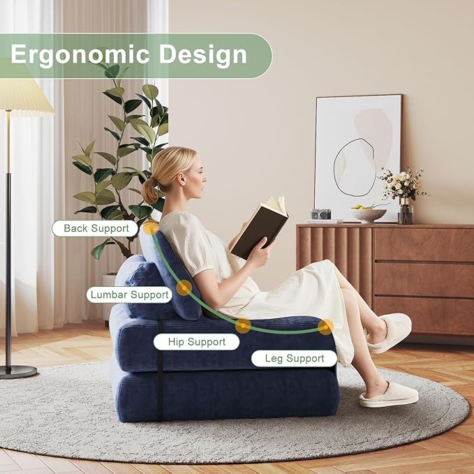 GarveeHome Folding Sofa Bed, Floor Folding Couch with Pillow, Futon Sofa Bed Convertible Sleeper Chair Foldable Mattress Back Support, Portable Fold Out Couch, Full, Corduroy, Dark Blue