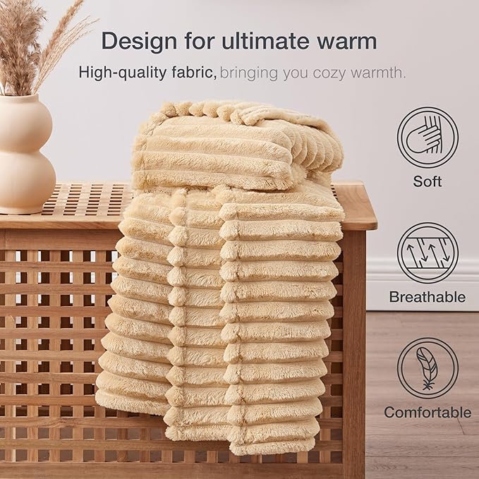 EXQ Home Fleece Blanket Twin Size for Couch or Bed - 3D Stripe Jacquard Decorative Blankets - Cozy Soft Lightweight Fuzzy Flannel Blanket Suitable for All Seasons(60"??80",Camel)
