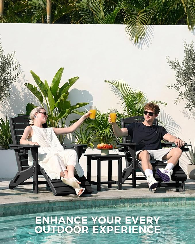 Folding Adirondack Chair with Retractable Ottoman Weather Resistant Fire Pit Chair Patio Chair with 2 Cup Holder Lawn Outdoor Lounge Chair (Black) - Image 3