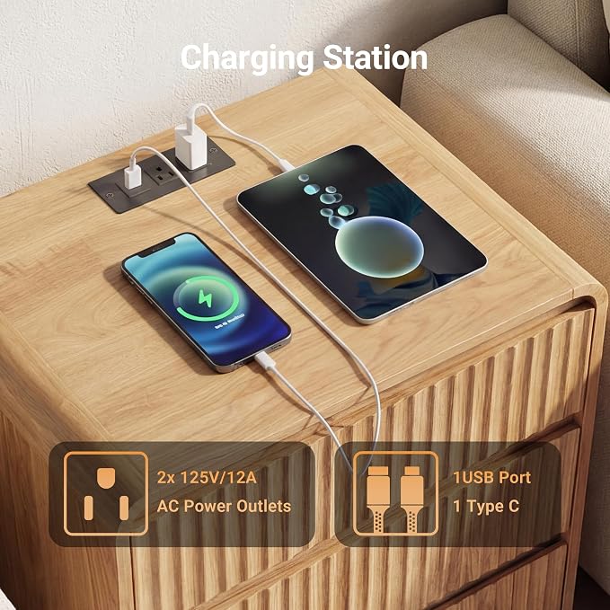 Seang Nightstand Set of 2,Fluted Nightstand with Charging Station,Wooden Bedside Table with Curved Profile Design,3 Drawers Storage,Large End Table for Bedroom,Natural. - Image 5